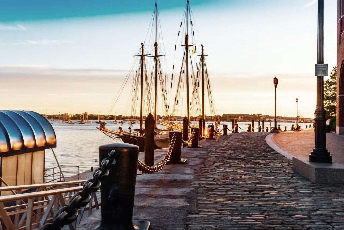 Boston Harborwalk at sunset