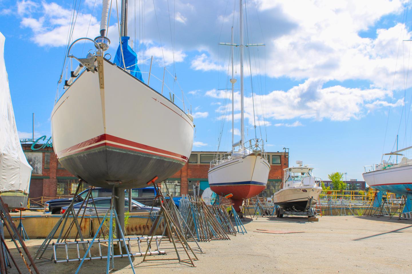 Winter boat yard storage in East Boston, Massachusetts