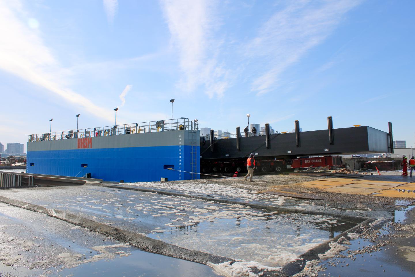 Barge roll-on dry dock operation